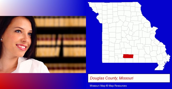 a young, female attorney in a law library; Douglas County, Missouri highlighted in red on a map