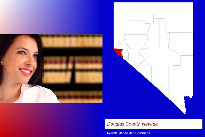 a young, female attorney in a law library; Douglas County, Nevada highlighted in red on a map