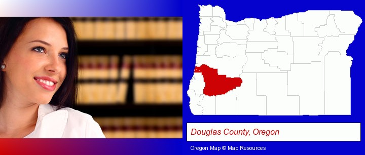 a young, female attorney in a law library; Douglas County, Oregon highlighted in red on a map
