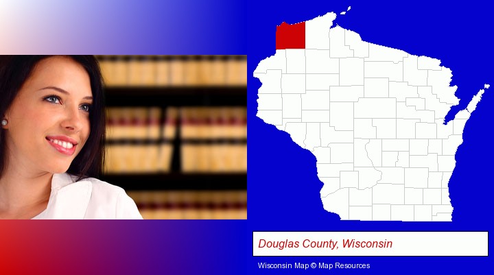 a young, female attorney in a law library; Douglas County, Wisconsin highlighted in red on a map