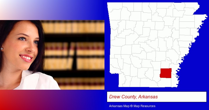a young, female attorney in a law library; Drew County, Arkansas highlighted in red on a map
