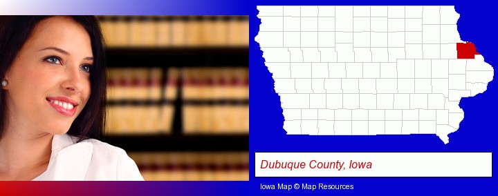 a young, female attorney in a law library; Dubuque County, Iowa highlighted in red on a map