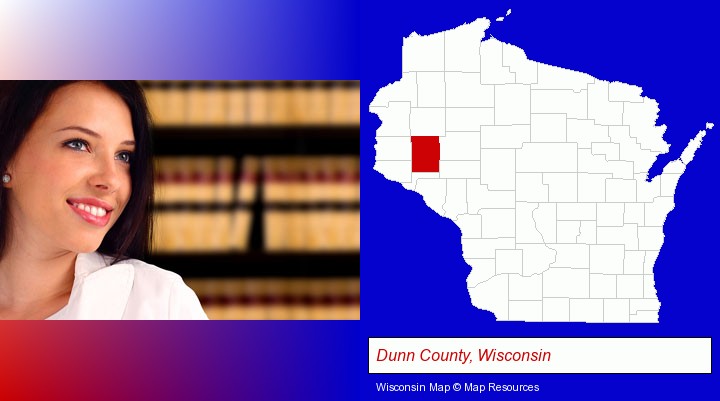 a young, female attorney in a law library; Dunn County, Wisconsin highlighted in red on a map