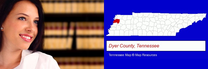 a young, female attorney in a law library; Dyer County, Tennessee highlighted in red on a map