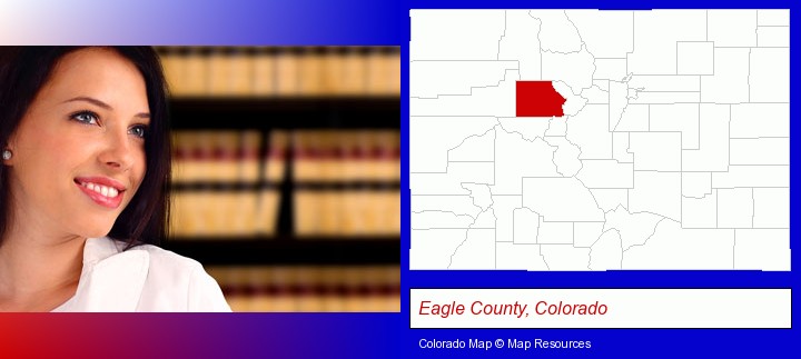 a young, female attorney in a law library; Eagle County, Colorado highlighted in red on a map