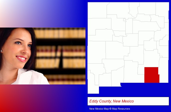 a young, female attorney in a law library; Eddy County, New Mexico highlighted in red on a map