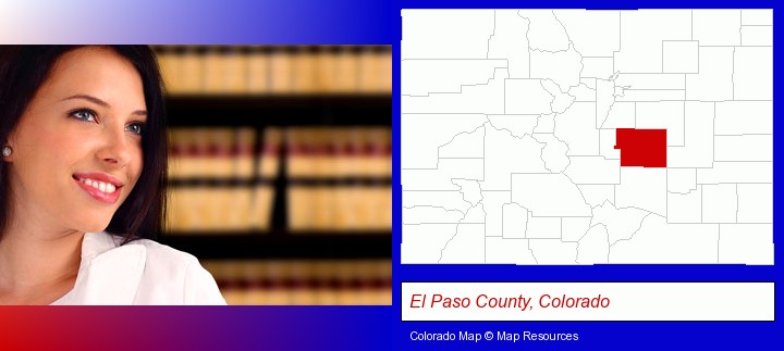 a young, female attorney in a law library; El Paso County, Colorado highlighted in red on a map