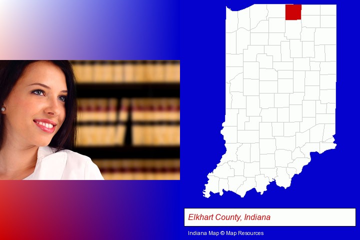 a young, female attorney in a law library; Elkhart County, Indiana highlighted in red on a map