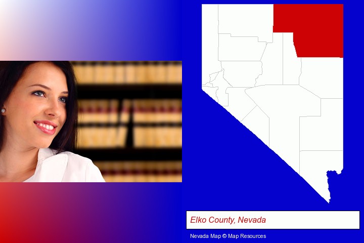 a young, female attorney in a law library; Elko County, Nevada highlighted in red on a map