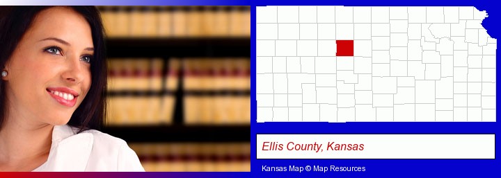 a young, female attorney in a law library; Ellis County, Kansas highlighted in red on a map