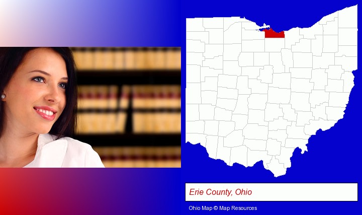 a young, female attorney in a law library; Erie County, Ohio highlighted in red on a map