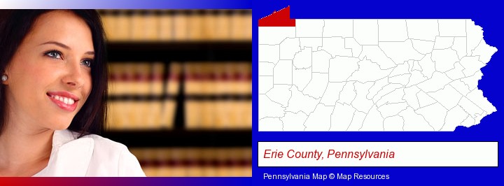 a young, female attorney in a law library; Erie County, Pennsylvania highlighted in red on a map