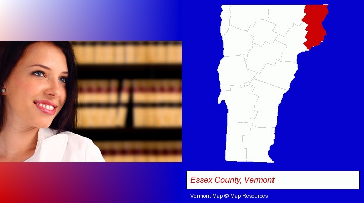 a young, female attorney in a law library; Essex County, Vermont highlighted in red on a map
