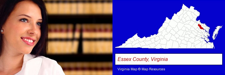 a young, female attorney in a law library; Essex County, Virginia highlighted in red on a map