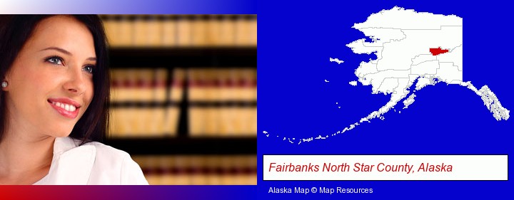 a young, female attorney in a law library; Fairbanks North Star County, Alaska highlighted in red on a map