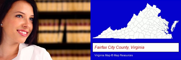 a young, female attorney in a law library; Fairfax City County, Virginia highlighted in red on a map