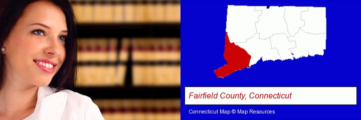 a young, female attorney in a law library; Fairfield County, Connecticut highlighted in red on a map