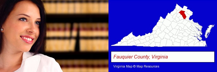 a young, female attorney in a law library; Fauquier County, Virginia highlighted in red on a map