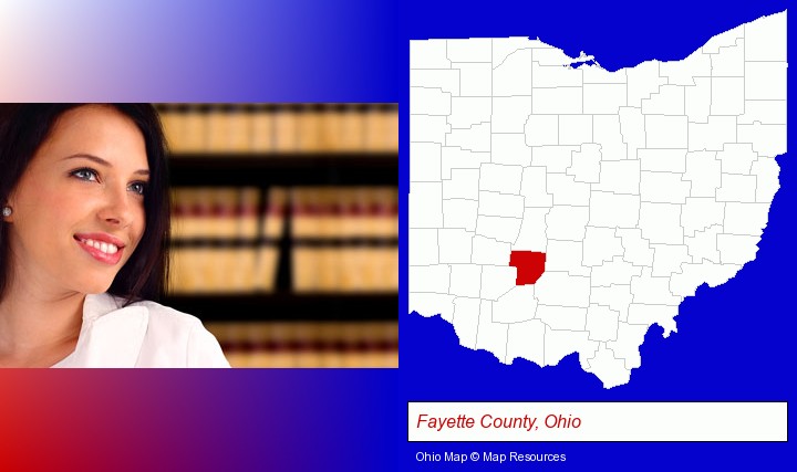 a young, female attorney in a law library; Fayette County, Ohio highlighted in red on a map