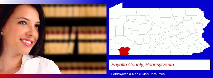 a young, female attorney in a law library; Fayette County, Pennsylvania highlighted in red on a map