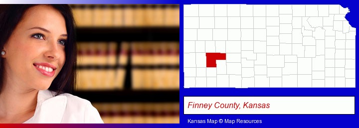 a young, female attorney in a law library; Finney County, Kansas highlighted in red on a map
