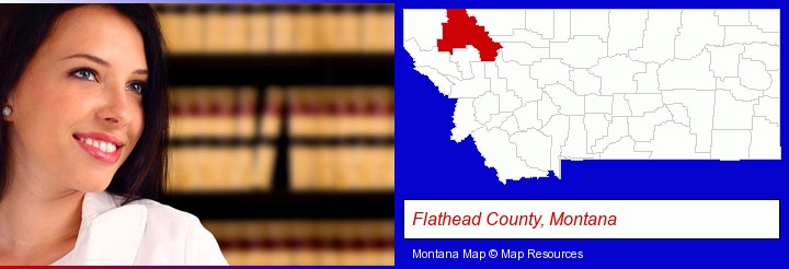 a young, female attorney in a law library; Flathead County, Montana highlighted in red on a map