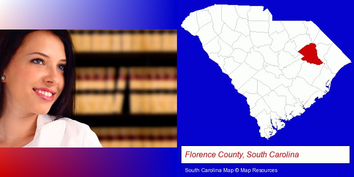 a young, female attorney in a law library; Florence County, South Carolina highlighted in red on a map