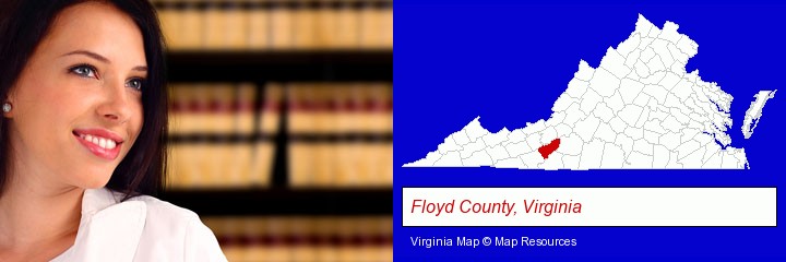 a young, female attorney in a law library; Floyd County, Virginia highlighted in red on a map