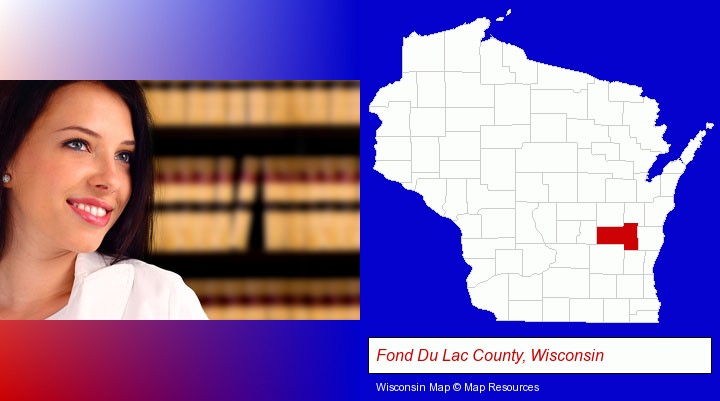 a young, female attorney in a law library; Fond Du Lac County, Wisconsin highlighted in red on a map