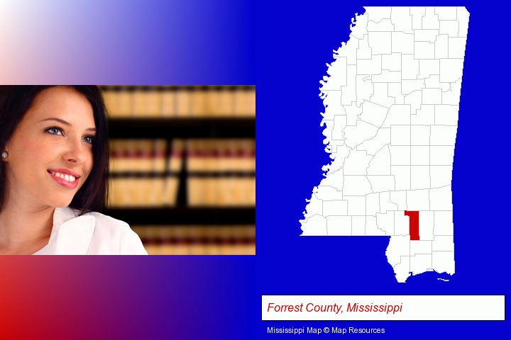 a young, female attorney in a law library; Forrest County, Mississippi highlighted in red on a map