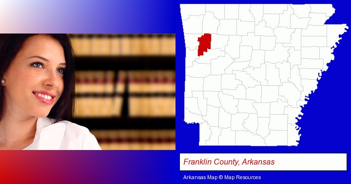 a young, female attorney in a law library; Franklin County, Arkansas highlighted in red on a map
