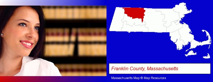 a young, female attorney in a law library; Franklin County, Massachusetts highlighted in red on a map