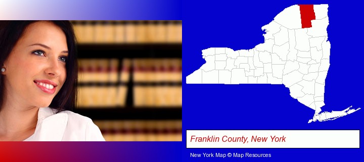 a young, female attorney in a law library; Franklin County, New York highlighted in red on a map