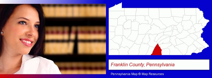 a young, female attorney in a law library; Franklin County, Pennsylvania highlighted in red on a map