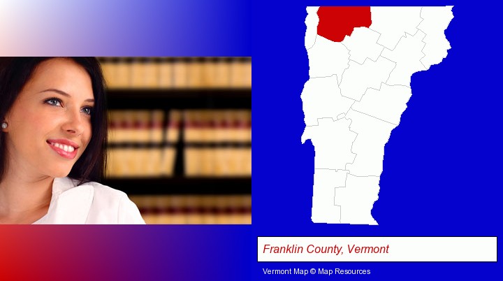 a young, female attorney in a law library; Franklin County, Vermont highlighted in red on a map