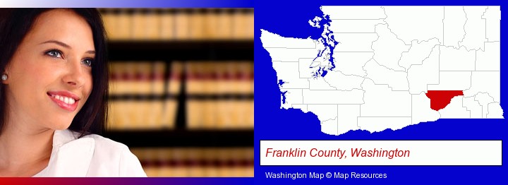 a young, female attorney in a law library; Franklin County, Washington highlighted in red on a map