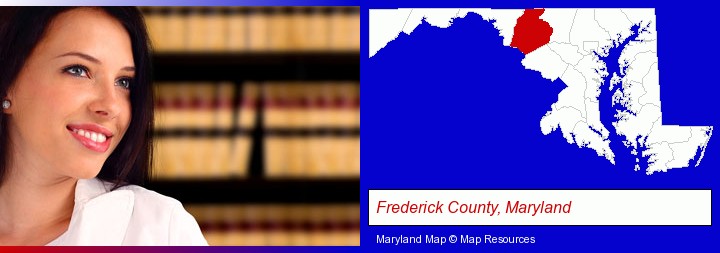 a young, female attorney in a law library; Frederick County, Maryland highlighted in red on a map
