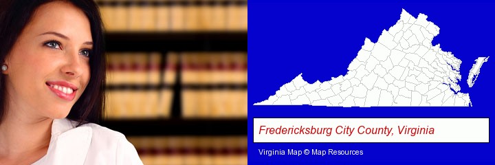 a young, female attorney in a law library; Fredericksburg City County, Virginia highlighted in red on a map