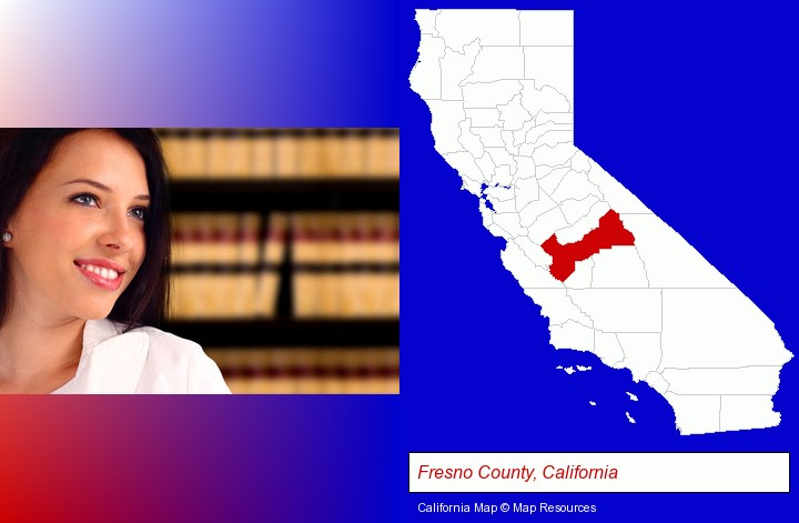 a young, female attorney in a law library; Fresno County, California highlighted in red on a map