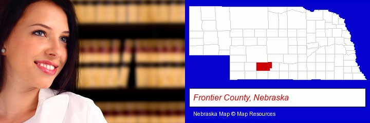 a young, female attorney in a law library; Frontier County, Nebraska highlighted in red on a map