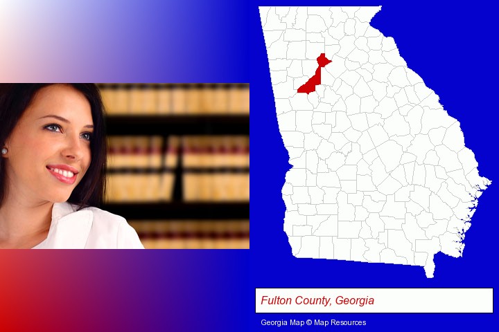 a young, female attorney in a law library; Fulton County, Georgia highlighted in red on a map