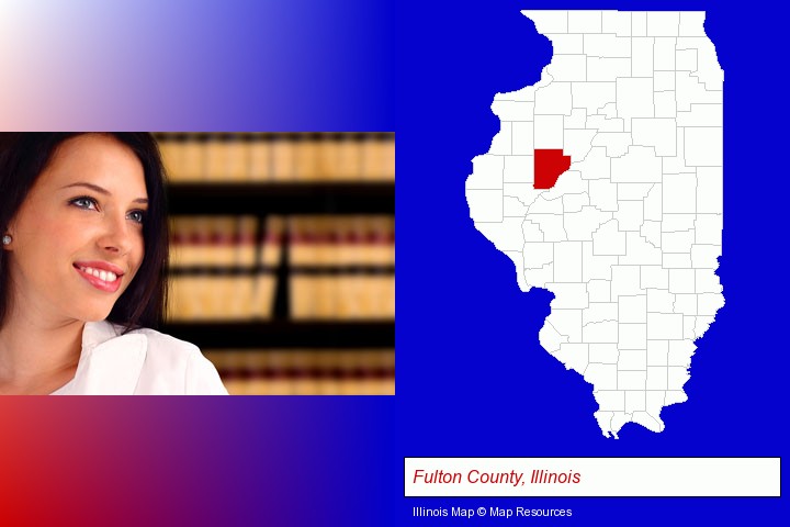 a young, female attorney in a law library; Fulton County, Illinois highlighted in red on a map