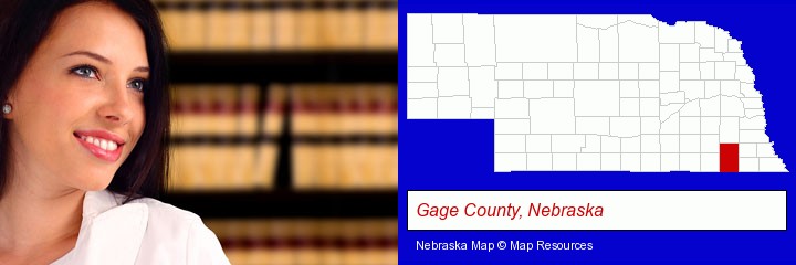 a young, female attorney in a law library; Gage County, Nebraska highlighted in red on a map