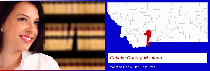 a young, female attorney in a law library; Gallatin County, Montana highlighted in red on a map