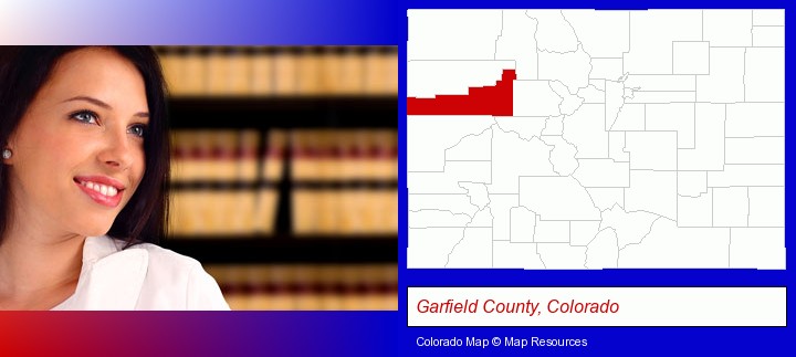 a young, female attorney in a law library; Garfield County, Colorado highlighted in red on a map