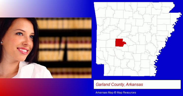 a young, female attorney in a law library; Garland County, Arkansas highlighted in red on a map