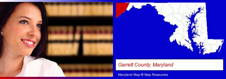 a young, female attorney in a law library; Garrett County, Maryland highlighted in red on a map