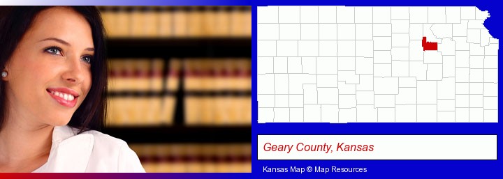 a young, female attorney in a law library; Geary County, Kansas highlighted in red on a map