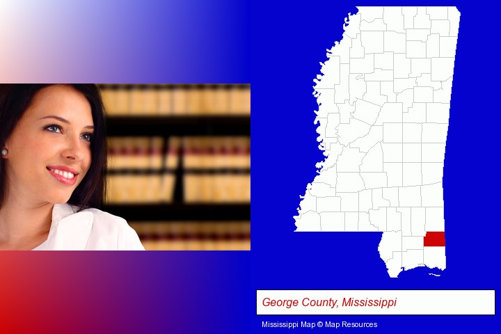 a young, female attorney in a law library; George County, Mississippi highlighted in red on a map
