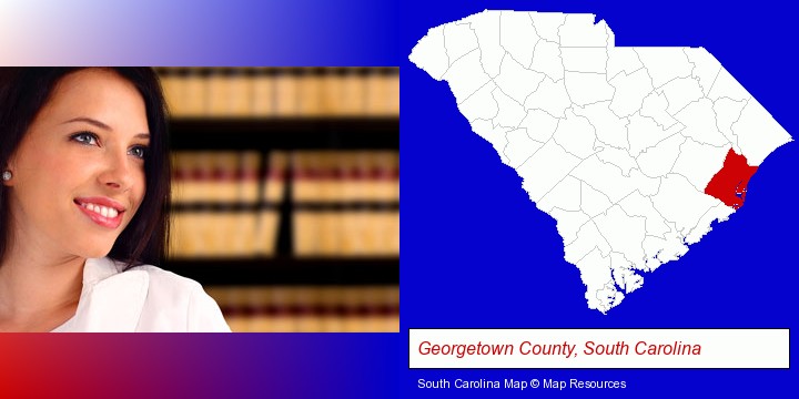 a young, female attorney in a law library; Georgetown County, South Carolina highlighted in red on a map